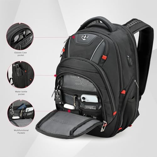 Swissdigital Design Travel Backpack for men with Apple Find My, TSA Friendly USB Charging RFID Protection Business Backpack Fits 15.6" Laptops Black | J149508F-BR - color: Black/Finder