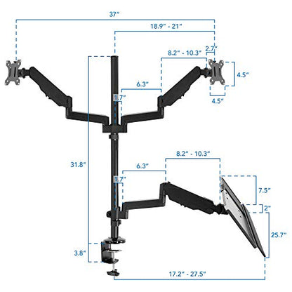 Mount-It! Dual Monitor Arm Desk Mount Sit-Stand Workstation with Keyboard Tray, Height Adjustable Gas Spring, Fits Two 17–32” Screens, 17.6 lbs Each, VESA 75x75 100x100, Clamp or Grommet (Black)