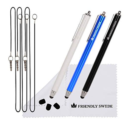 The Friendly Swede Stylus Pen for Touchscreen with Replaceable Thin Tips | 3 Spare Rubber Tips, 3 Elastic Lanyards, Microfiber Cleaning Cloth, 3-Pack 5.5" High Precision Stylus Pen, Black/Blue/White - color: Black/Blue/White