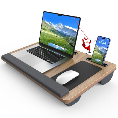 Laptop Lap Desk, Portable Large Laptop Desk for Bed, Up to 17 in Lap Table with Wrist Rest, Mouse Pad, Tablet Phone Slot, Portable Handle, Cushion (Dark Brown Woodgrain) - color: Dark Brown Woodgrain