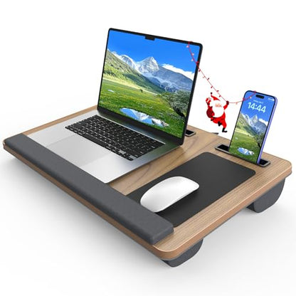 Laptop Lap Desk, Portable Large Laptop Desk for Bed, Up to 17 in Lap Table with Wrist Rest, Mouse Pad, Tablet Phone Slot, Portable Handle, Cushion (Dark Brown Woodgrain) - color: Dark Brown Woodgrain