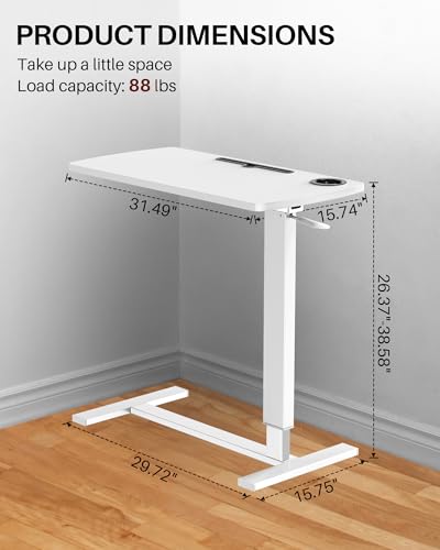 Foldable Overbed Table with Wheels, Pneumatic Adjustable Overbed Bedside Table, Mobile Standing Desk, Hospital Bed Tables Over The Bed, Rolling Laptop Desk with Casters for Home Office - color: White