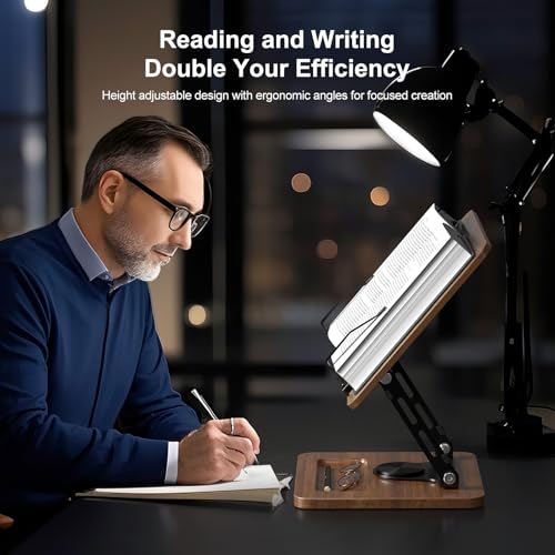 OPTIXCELL Book Stand for Reading, 360° Rotating Book Holder, Page Clips | Hands Free, Built-in Storage Tray, Adjustable Height Angle, Non-Slip, Foldable 13.3x9.4x1.9in, Fits Cookbook Tablet & Laptop - style: Book Stand
