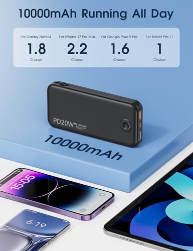 Nusyddy Portable Charger 10000mAh Fast Charging w/Built-in Wall Plug Black | PD20W Fast Charging, LED Indicator, Pass Through Charging, TSA Approved, Compact/Slim, Power Bank for iPhone/iPad/Samsung - color: Black
