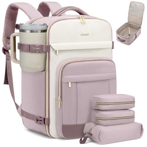 LOVEVOOK 40L Travel Backpack for Women & Men - 17.3 Inch Carry On Backpack & Personal Item Backpack for Airlines, Spacious and Durable Design, with 3 Packing Cubes - color: Light Purple-beige-purple, size: Large-40L-4Pcs