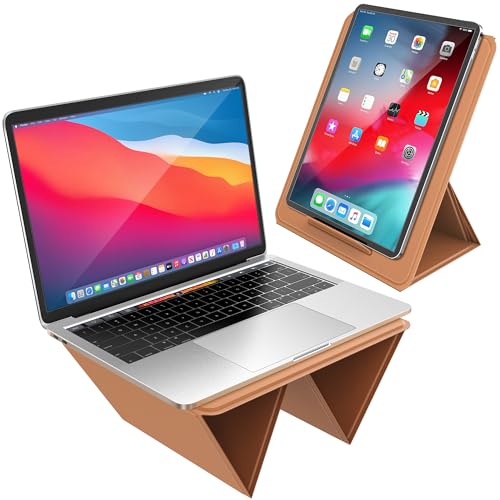 AboveTEK Portable 2-in-1 Foldable iPad & Laptop Holder for Desk, Adjustable Travel Stand for 14"17" MacBook Air/Pro/Tablets/Kindle, Ultra-Sleek PU Leather Computer Riser - color: Brown