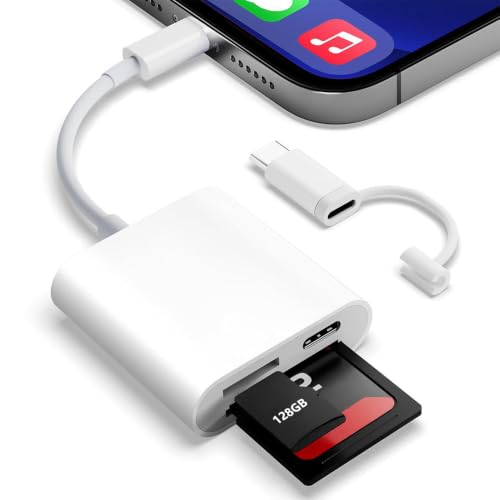 SD Card Reader for iPhone iPad,Micro SD Card Reader Memory Card Reader Plug and Play Trail Camera SD Card Adapter,Simultaneous Charging and Reading - color: Pearl White