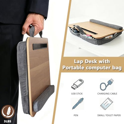 Lap Desk for Bed, Fits 14–17 Inch Laptops | Soft padded suhion,built-in pen slot,compact for bed,couch & travel use - color: Light Wood Color