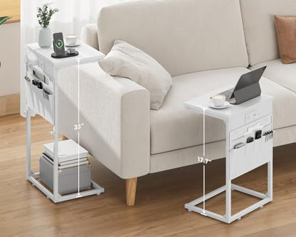 Vagusicc C Shaped End Table with Charging Station, Adjustable Height Side Table for Couch, Sofa Table Laptop Couch Side Tables, Slide Under Sofa TV Tray Arm C Tables for Living Room Bedroom, White - color: 1pc White