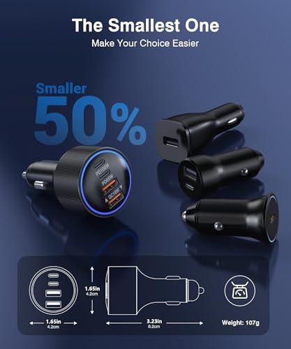 165W USB-C Car Charger, 4-in-1 Super Fast Charging Cigarette Lighter Adapter, Dual USB-C & USB-A Multi-Port Car Phone Charger Accessory, for iPhone 17/16/15, iPad, Galaxy, Tablets and Other Devices - size: 165W