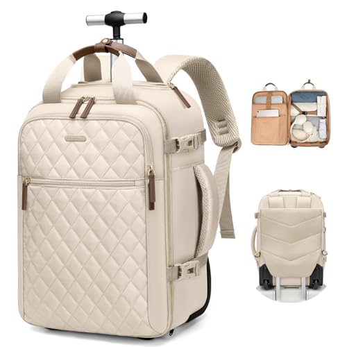 Rolling Backpack for Women,Travel Laptop Backpack with Wheels Roller Wheeled Backpack Underseat Carry On Luggage for Travel Business Trip,Fit 17Inch,Apricot - color: Apricot