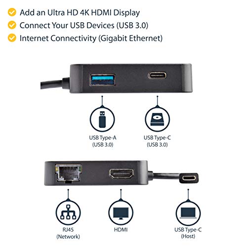 StarTech 4-in-1 USB-C Mini Dock, 4K HDMI, GbE, 5Gbps 3.0 Hub, USB-A/C | Windows, macOS, ChromeOS, iPadOS, Android, Driverless setup, 13in/34cm cable, Compact for hot-desking - style: 1x USB-A 3.0 | 1x USB C-(5Gbps) | HDMI