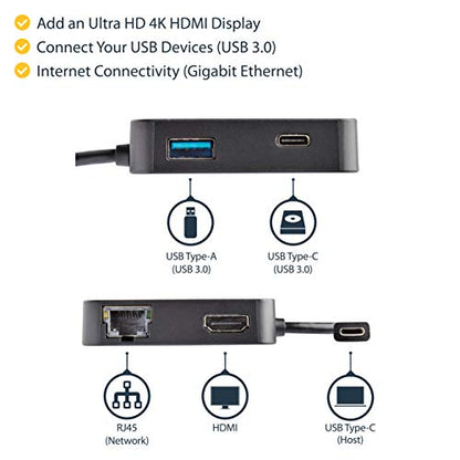 StarTech 4-in-1 USB-C Mini Dock, 4K HDMI, GbE, 5Gbps 3.0 Hub, USB-A/C | Windows, macOS, ChromeOS, iPadOS, Android, Driverless setup, 13in/34cm cable, Compact for hot-desking - style: 1x USB-A 3.0 | 1x USB C-(5Gbps) | HDMI