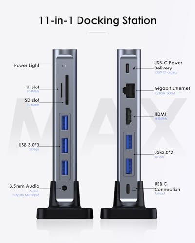 LENTION 11-in-1 USB C Docking Station with Detachable 3.3ft Long Cable, 4K@60Hz HDMI, 100W PD, Ethernet, USB 3.0, SD/TF, Vertical Design for MacBook Pro/Air/Neo, Dell, HP, Lenovo, Surface Laptop (D54) - color: Space Gray
