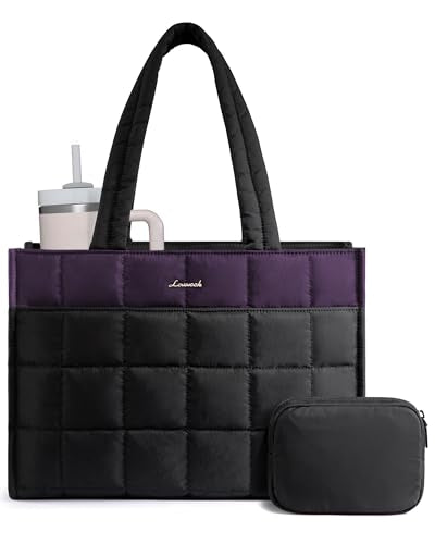 LOVEVOOK Tote Bag for Women, Puffer Work Handbag 17 Inch Laptop Purse for Nurse Teacher, Large Quilted Travel Tote Shoulder Bag with Zipper for College Office Clinical Gym, Purple-black - color: Purple-black, size: 17.3 inch