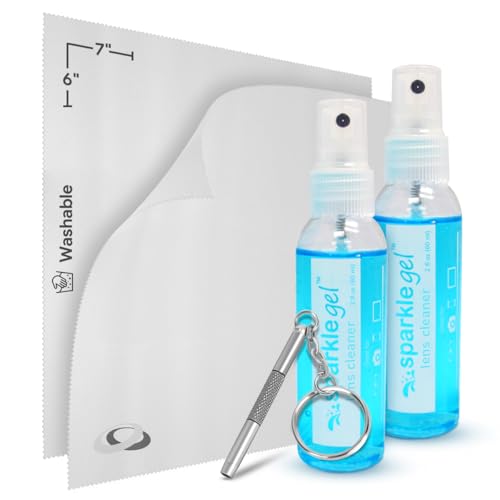 Sparkle Anti-Reflective Safe Gel Lens Cleaner & Repair Kit – (2) 2oz Glasses Cleaner Spray, (2) Microfiber Cloth & Keychain Screwdriver for Eyeglasses, Lenses & Screens (5 Piece Set) - size: 2 Fl Oz (Pack of 2), style: 2x2oz Lens Spray + 2 Microfiber Clot