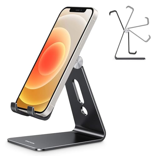 OMOTON C2 Adjustable Aluminum Cell Phone Stand with Charging Cutout, Black | Sturdy 3mm Aluminum, Charging Port, 270° Adjustable, Non-Slip Silicone Pads, Works with Thick Cases, for All Smartphones - color: Black