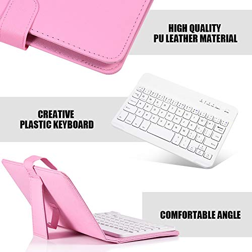 Portable Bluetooth Keyboard with Leather Case Cover with for 4.5''-6.8'' iOS, Android and Windows Smart Phones, Detachable with Kickstand - color: Pink