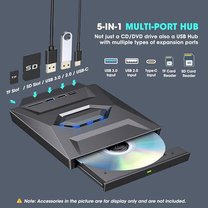 ROOFULL External CD DVD Drive with USB 3.0/Type-C Hub, SD Reader & Case | 7 in 1 Portable CD/DVD ROM +/-RW Drive Burner Player Writer for Laptop Desktop PC Windows 11/10/7, Mac, Linux - style: 7 In 1 Drive + Carrying Case