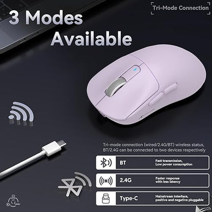 ATTACK SHARK X3 49g Ultra-Lightweight Wireless Gaming Mouse, Purple | Bluetooth 5.2/2.4G Wireless/Wired, PAW3395 Gaming Sensor, 26K DPI, 200h Battery Life, Programmable Buttons for PC/Mac/Win - color: Lavender