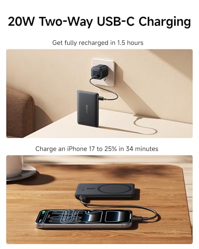 Baseus Picogo Power Bank, Smallest 5,000mAh Magnetic Wireless Charger with USB-C Braided Cable, Fast Charging Portable Battery Pack, NTC Safety Alloy Travel Essential for iPhone 17 Pro Max/17 Air/17e - color: Cosmic Black