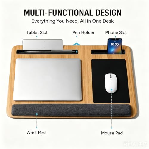 Wooden Lap Desk with Cushion,Work from Home Solution, Lightweight, Fits up to 17 inches Laptop,Lightweight Stand with Soft Wrist Pad,Laptop Pad for Couch