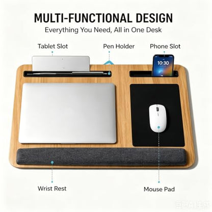 Wooden Lap Desk with Cushion,Work from Home Solution, Lightweight, Fits up to 17 inches Laptop,Lightweight Stand with Soft Wrist Pad,Laptop Pad for Couch