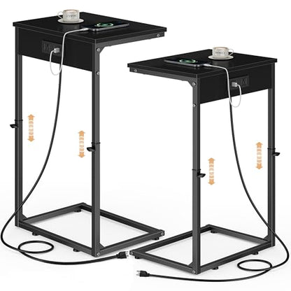 C Shaped End Tables Set of 2 with Charging Station, 33.2'' Tall C Table Adjustable Height Side Table, Small Side Table for Small Spaces, Couch Sofa Table TV Tray for Living Room, Black - color: Black (2 Pack), style: With Plug
