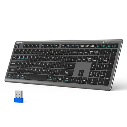 TECKNET Bluetooth Keyboard Rechargeable 4-Device (2.4G+BT) | Multi-device Free Switching, Ultra-Slim, Numeric Keypad, Quiet Full Size Wireless Keyboard for PC/Laptop/Smart TV/Phone - color: Black&Grey