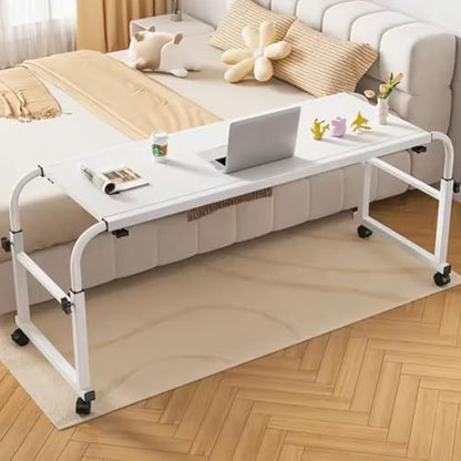 Overbed Table with Wheels, Overbed Desk with Adjustable Length and Height, Rolling over Bed Desk, over the Bed Table on 4 Lockable Wheels Heavy Duty Laptop Tables for Home Office Hospital Bedroom
