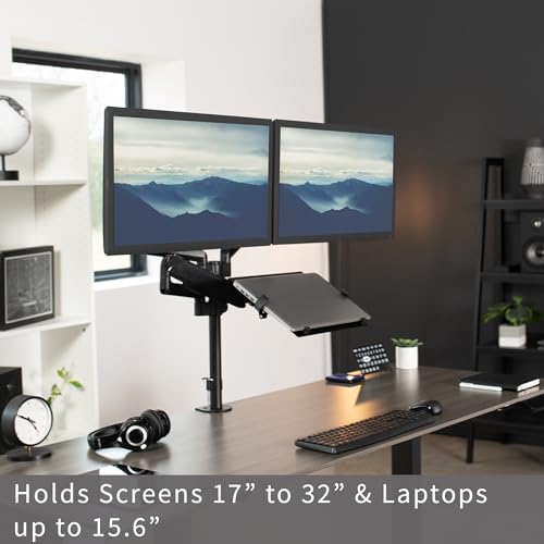 VIVO Laptop and Dual 17 to 32 inch Monitor Pneumatic Arm Mount, Fits 2 Flat or Curved Computer Screens and 10 to 15.6 Inch Notebooks, Laptop Tray, C-clamp, Grommet Mounting Base, Black, STAND-V003KL