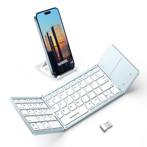 Samsers Foldable Bluetooth Keyboard with Touchpad, Ultra Slim Compact, Blue | Multi-touch Trackpad, Full Size, Phone Holder, USB-C Charging, 3 Device, for Android Windows iOS Mac OS, Mobile Productivity - color: Sky Blue, size: 3-Device