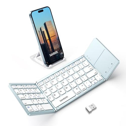 Samsers Foldable Bluetooth Keyboard with Touchpad, Ultra Slim Compact, Blue | Multi-touch Trackpad, Full Size, Phone Holder, USB-C Charging, 3 Device, for Android Windows iOS Mac OS, Mobile Productivity - color: Sky Blue, size: 3-Device
