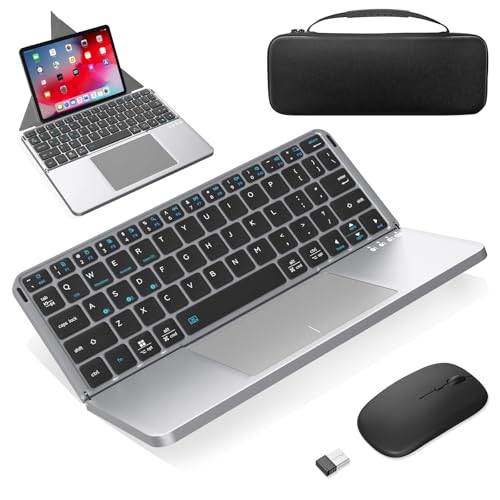Foldable Keyboard and Mouse, MEKO Folding Wireless Bluetooth Keyboard and Mouse Combo Portable Travel Keyboard with Touchpad and Holster Stand for Business Travel Compatible Mac Laptop iPad Tablet