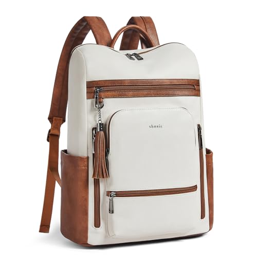 Upgraded 17 inch Leather Laptop Backpack for Women | Waterproof Vegan Leather Computer Backpack with Laptop Compartment,32L Large Capacity,Travel Work Business College - color: Beige With Brown