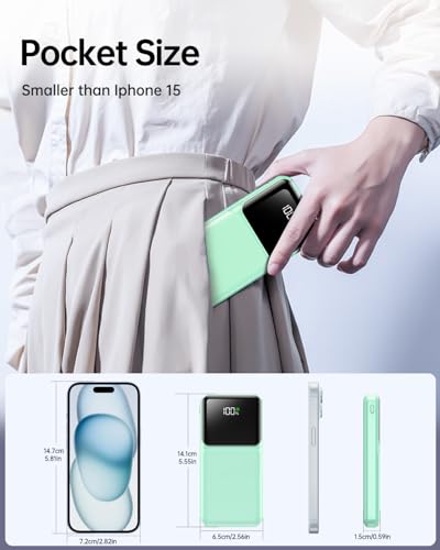 Portable Charger with Built in Cable - 20000mAh Fast Charging Power Bank USB C Slim 22.5W LED Display Battery Pack 5 Outputs & 3 Inputs for Travel Essentials iPhone Samsung Android Phones Tablets Cyan - color: Cyan