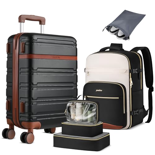 YAMTION Luggage Sets 6 Piece,Hardside 20In Suitcase with Spinner Wheels,TSA Lock,Carry On Suitcase Travel Essentials for Personal Items,Black Beige - color: Black Beige