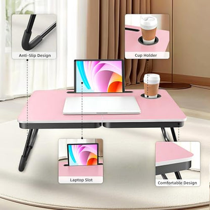 BUYIFY 23.4" Foldable Lap Desk Bed Table with Cup Holder Tray Rose Pink | Portable Folds Flat for Easy Storage, No Assembly Laptop Bed Desk, Sturdy and Lightweight, Patent Design - color: Rose Pink
