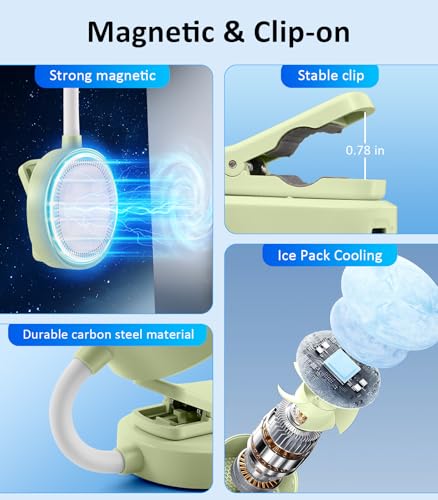 Magnetic Phone Fan with Ice Cooling, 3-in-1 Clip on Fan（Green） | Phone Stand, Rechargeable Mini Handheld Fan, 360° Flexible Gooseneck Portable Fan for Cruise Travel Desk Gym Makeup - color: grass green