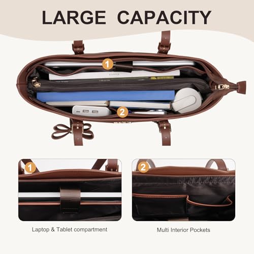 MOSISO Laptop Tote Bag for Women, 15.6 inch PU Leather Large Tote Bag | Large Capacity Work Handbag with Bowknot&Arc-shaped Pocket,Waterproof Computer Bags Work Briefcase for Business Office, Brown
