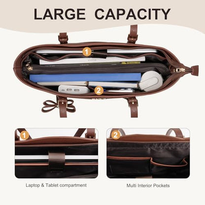 MOSISO Laptop Tote Bag for Women, 15.6 inch PU Leather Large Tote Bag | Large Capacity Work Handbag with Bowknot&Arc-shaped Pocket,Waterproof Computer Bags Work Briefcase for Business Office, Brown