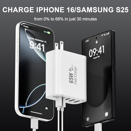 USB C Wall Charger Block, 65W GaN 6-Port Fast Charging PD +QC Block | PD USB C Adapter+QC Plug Compatible with iPhone iPhone 17/17 Plus/17 Pro Max/16/16 Plus/16 Pro Max/15 Pro Max/iPad Pro/14/13