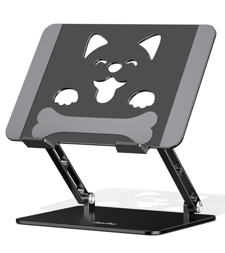 Aoviho Aluminum Laptop Stand for Desk Fit for All 10"-17.3" Laptops, Black | Height-adjustable Notebook Holder, Ergonomic Computer Riser with Unique Puppy Cooling Vent, for Mac, Dell, Lenovo, HP - color: Black