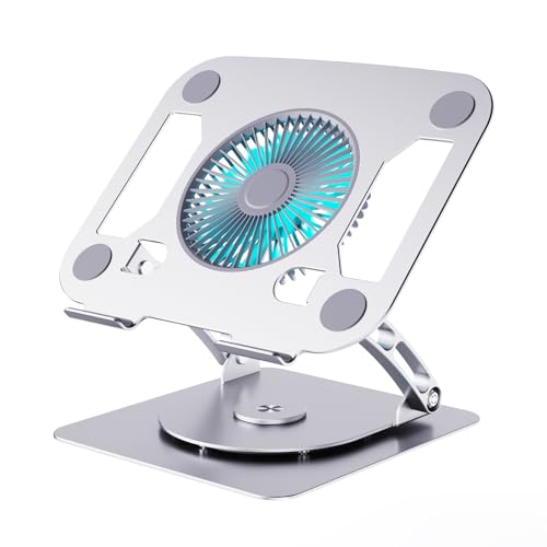 SHUWEI Laptop Cooling Stand with 3 Speed Fan, Adjustable Height & Angle, 360 Rotation Base, Carbon Steel Framework, Ultra-Quiet & Super Sturdy for up to 16”Laptop - Silver - color: Silver, size: For 16" Laptop & 360°Rotation