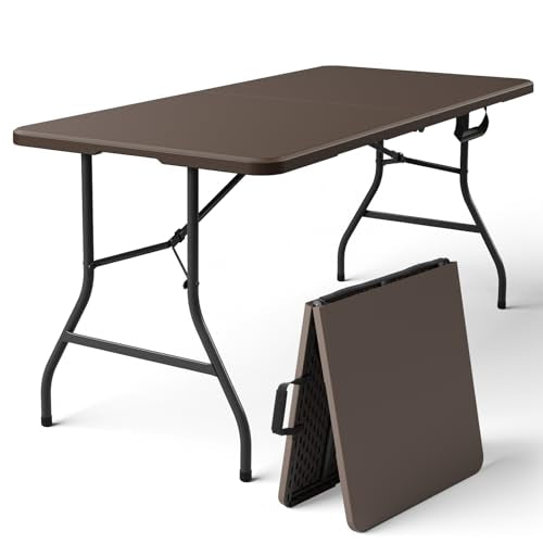 Folding Table 5FT Heavy Duty Plastic Table with Handle, Foldable&Portable, Fold-in-Half Utility Tables for Outdoor, Dining, Wedding, Events, Indoor, Picnic, Camping, Party, Brown - color: Brown, size: 5FT