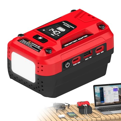 140W USB Battery Charger Adapter Compatible with Milwaukee 18V Battery | PD 3.1 Fast Charging with Dual USB-C, 18W USB-A, Portable Phone Charger with 700LM LED Work Light and LED Screen Display - color: Red