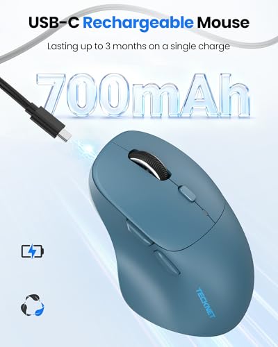 TECKNET Wireless Mouse Bluetooth 5.0/3.0 & 2.4G Rechargeable, Silent Clicks, Adjustable 4800 DPI, 6 Buttons, Ergonomic Design, Bluetooth Mouse for Laptop, Computer, ipad - Blue - color: Blue