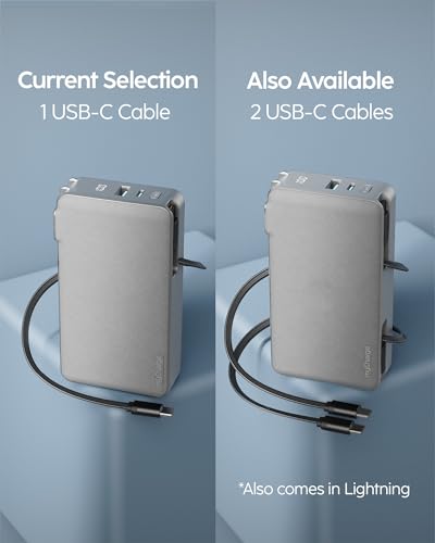 myCharge RetractaCharger 10000mAh Portable Charger Power Bank with 28-Inch Retractable USB-C Cable | Built-in Wall Plug | 30W PD Fast Charging | USB-C & A Ports | Digital Display | Grey - color: With Wall Plug