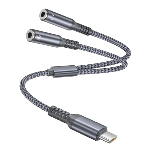 Elebase USB C Headphone Splitter 0.9FT,Type C to Dual 3.5mm Audio Adapter | USBC to 2 Way Aux Female Headphone Jack Compatible with iPhone 17 17e 16 16e 15,Galaxy S26 S25 S24,iPad Pro 10,Pixel 10 9 - size: USB C to Dual 3.5mm, style: Grey