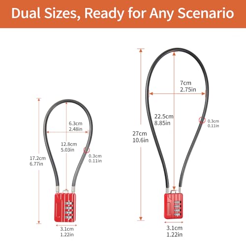 4-Digit Combination Cable Padlock with 12 inch (30 cm) Flexible Steel Cable, Small Lock for Locker,Luggage, Backpack,Cabinet,Gym Bag,Toolbox,Travel,Red,Black Rope (1, 20cm(8 inch Cable)) - size: 20cm(8 inch Cable)